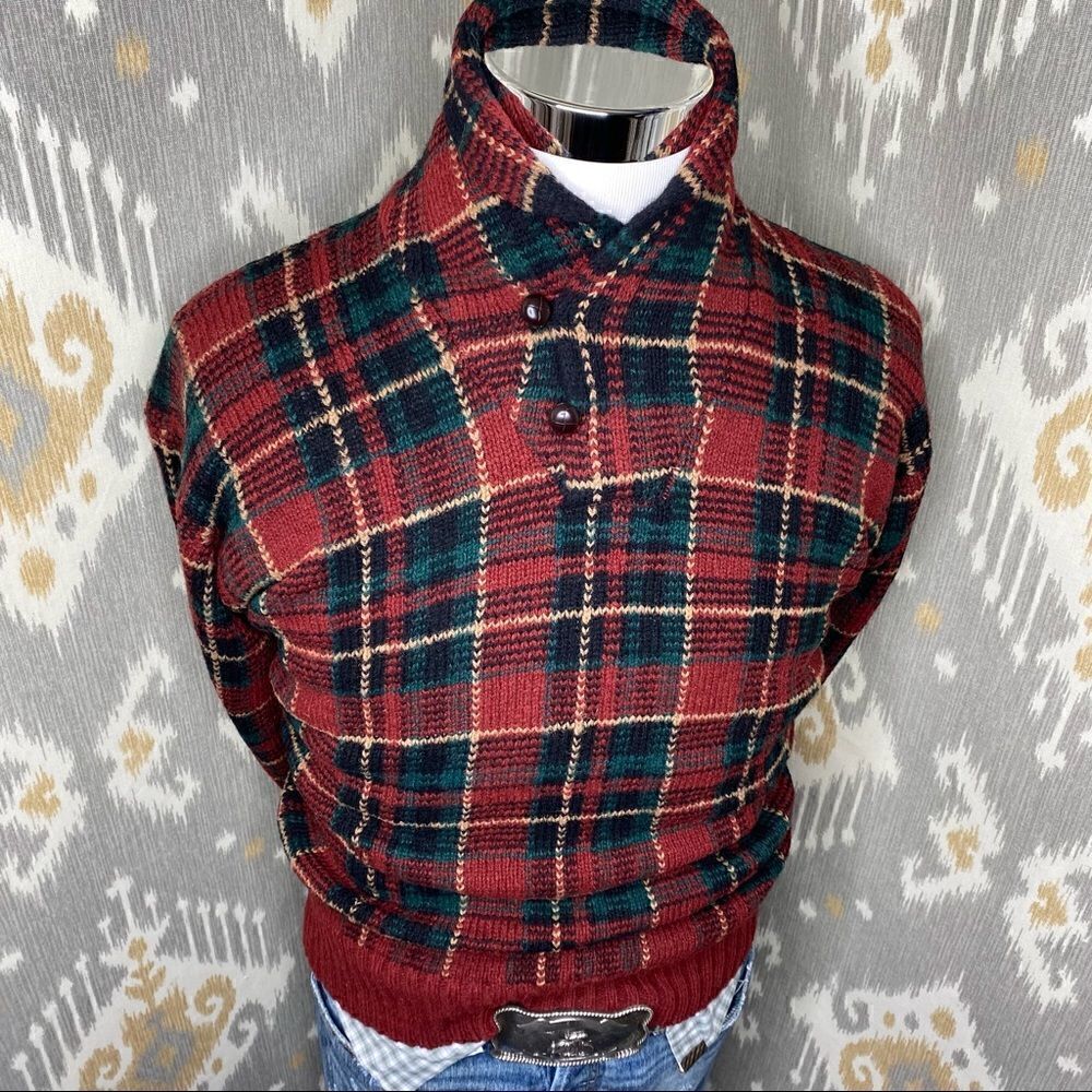 Polo Ralph Lauren Red & Green Multi Tartan Plaid Shawl Collar L/S Sweater - Picture 14 of 16